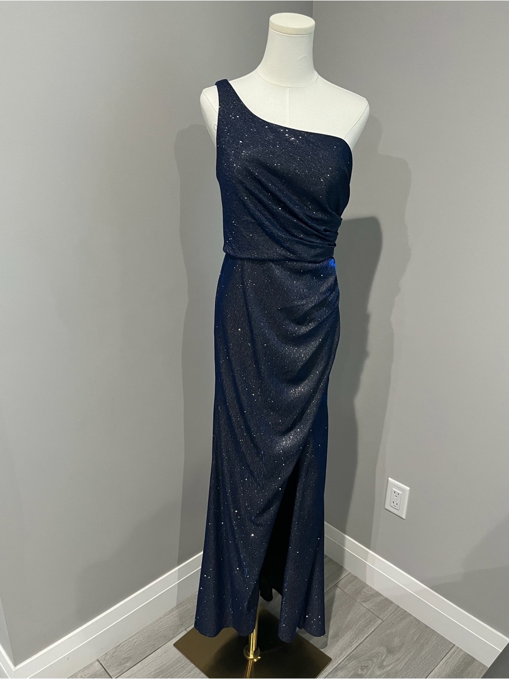 One-Shoulder Sparkle Evening Gown in Navy